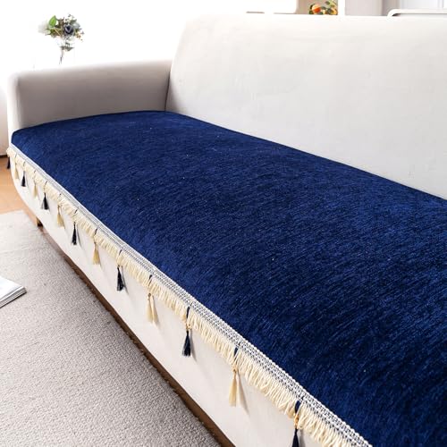 Image of HOKIPO 'Serenity Tassel' Chenille 3 Seater Sofa Cover with Tassel - Sapphire Navy (IN-892-NBL)