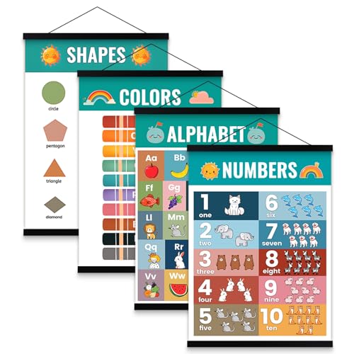 Benjia Alphabet Number Shape Color Poster Hanger Frame Set of 4, Preschool Educational Learning Poster Nursery Classroom Wall Hanging Decor for Toddler Kids Playroom Homeschool, 12x16 inch