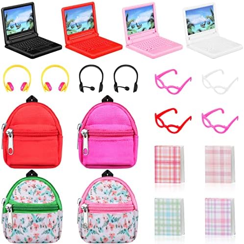 20 Pieces Doll Travel Accessories Include Mini Laptop Scene Simulation Doll Backpack Bag with Zipper Mini Headsets Toy Sunglasses Mini Book for 1/12 1/6 Scale Dolls House Decoration (Classic Style)