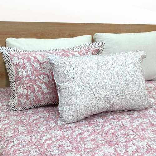 Image of TOAI Hand Block Printed Bedsheet | Bed Spread Flatsheet Bed Sheet | Pure Cotton | Queen Size 90 inchx108 inch | 210 TC Luxury Cotton | 2 Reversible Pillow Covers |Pink Bird Kalamkari