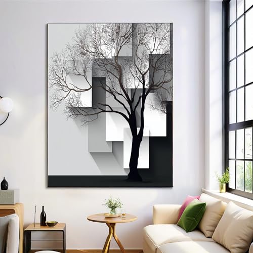 Quadro Albero Semplice Camera Da Letto Bianco E Nero Geometria Astratta Quadri Soggiorno Da Parete Stampa Su Tela Canvas Decorazione Murale Muro Arredo Salone, 50X70Cm, Senza Cornice