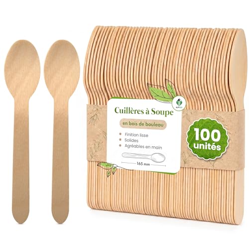 ALPPACK Cuillères Jetables en Bois de Bouleau 16 cm – Lot de 100 Cuillères de Table Naturelles, Couverts Jetables pour Fêtes d’Anniversaire, Mariage,...