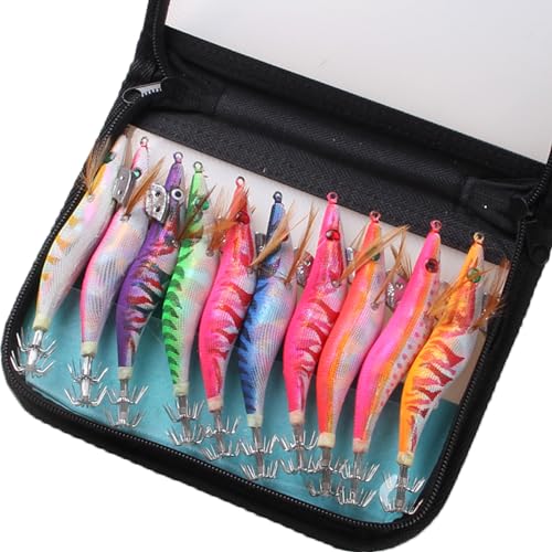 Squid Jigs Saltwater Shrimp Fishing Lures 10pcs Glow Squid Jig Baits Artificial Luminous Fishing Lures Kit for Octopus Cuttlefish (3.5#-10PCS)