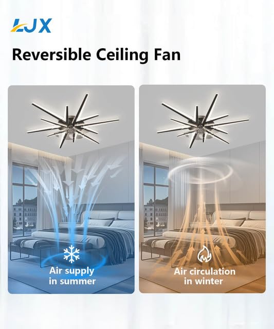 LJX Inteligentny wentylator sufitowy ze światłem, 91 cm, współpracuje z Alexa DC, ściemniany wentylator LED z pilotem zdalnego sterowania, 2,4 G, WiFi, cichy, odwracalny, nowoczesny design, do