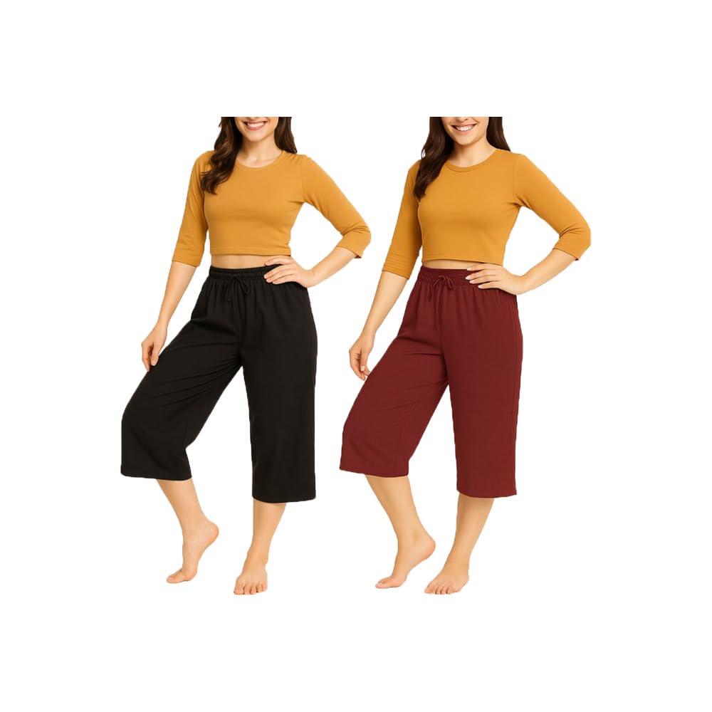 brand flex Women's Cotton Plain Capri, Loose Yoga Pants for Girls Black, Marrone (Pack Of 2)-picture-12