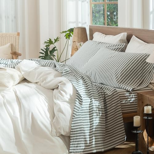 Image of MooMee Striped Sheet Set 100% Washed Cotton Linen Like Cal King