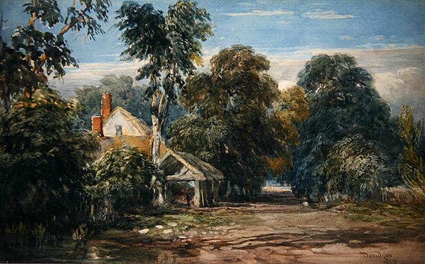 Peinture murale une chaumière à l'orée d'un bois pour la décoration du salon
