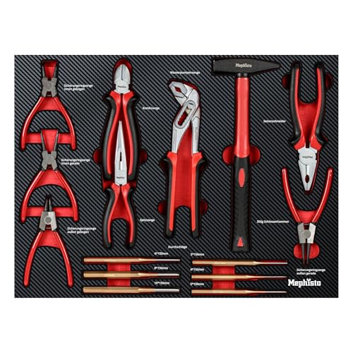 Mephisto Werkzeugeinlage Werkzeug Set Pro Line Werkstattwageneinlage Zangen Set mit Hammer und Durchschläge Seegeringzangen, Spitzzange, Kombizange, Wasserpumpenzange, inkl. Soft Inlay in Carbonoptik
