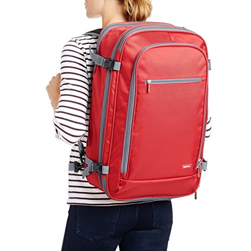Image of Amazon Basics Travel Backpack, Carry On Backpack, With Laptop Compartment, 40L Capacity, Expandable for 10% Extra Space, Backpack & Shoulder Bag Dual Use, 15.8 inchW x 21.5 inchH x 8.3 inchD, Red