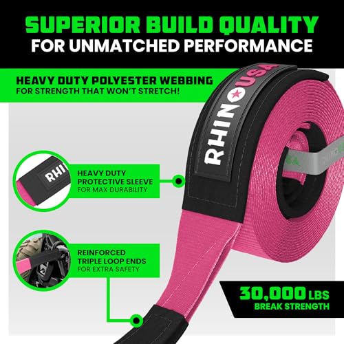 Image of Rhino USA Recovery Tow Strap (3 inch x 20') - 31,518lb Break Strength - Emergency Recovery Strap Tow Rope for Truck, UTV, ATV & More - Heavy Duty Towing Strap for Offroad 4x4 Use - Compatible with Jeep