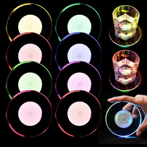 WIYETY 8 sottobicchieri a LED: diametro 10 cm, rotondi, in acrilico, impermeabili con 7 modalità di colore e pulsante ON/OFF, sottobicchieri a LED per bottiglie, feste, matrimoni, bar, Natale (rotondi