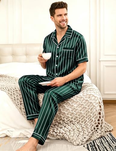 Image of SWOMOG Mens Satin Pajama Set Short Sleeve Classic Sleepwear Button Down Silky Loungewear with Long Pants