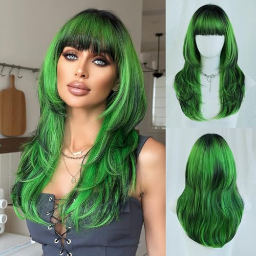 7JHH WIGS 24 Inch Green Ombre Black Layered Tail Bangs Wig with Dark Roots Vibrant Bright Green Medium Length Wig Synthetic Heat Resistant Fiber Wig for Women Fashion Edgy Daily Party Cosplay