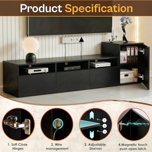 Image of ABOUT SPACE TV Unit - Engineered Wooden TV Stand 32 inch to 50 inch Cabinet with Bottom Closed /Open Storage, Adjustable Side Cabinet, Cable Hole for WiFi Router Stand Console Table for Living Room (Black)