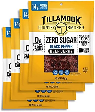 Tillamook Country Smoker Keto Friendly Zero Sugar Beef Jerky, Black Pepper, 2.2 Ounce (Pack of 4)
