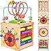 BATTOP Wooden Activity Cube Deluxe Multi-Function CPSC Certified Bead Maze Educational Toy 1 Year Old Toy (6 in 1)