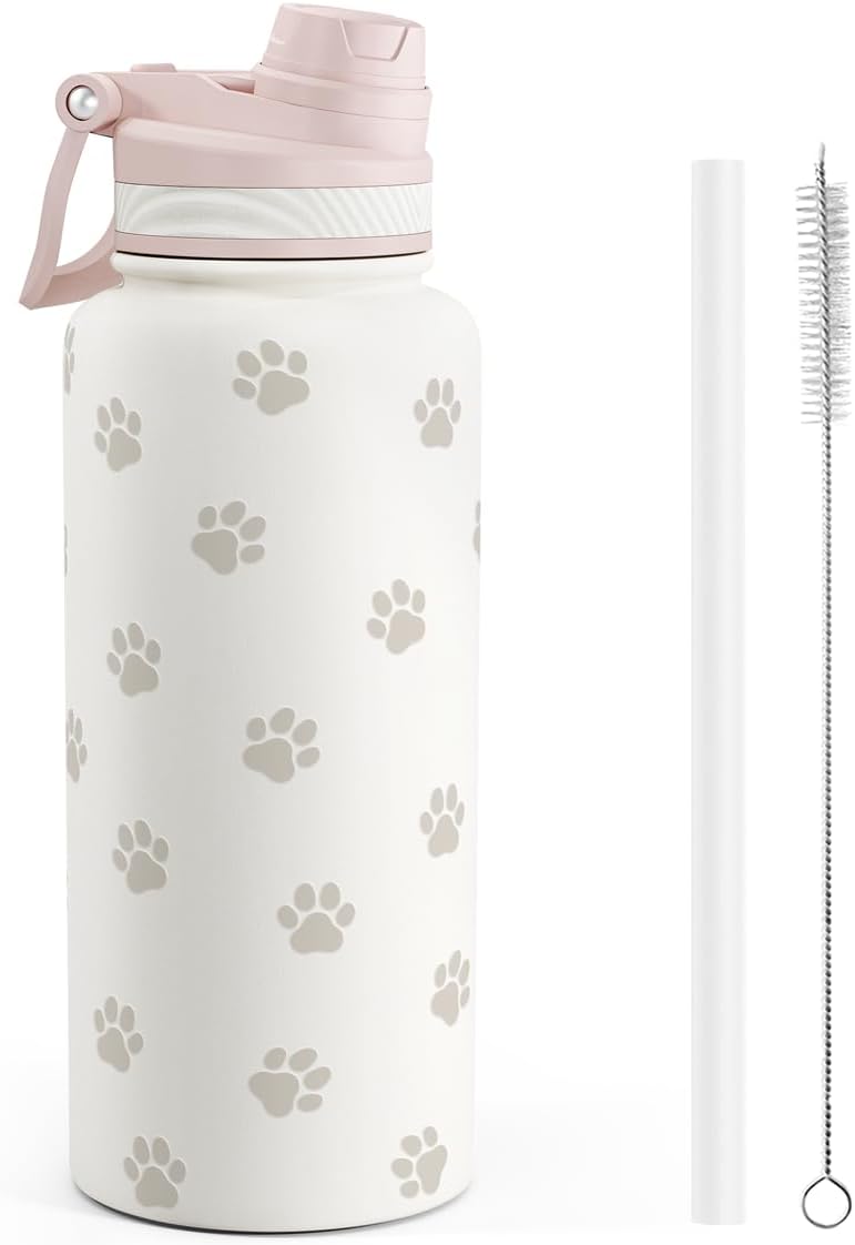SANDJEST Paw Print Stainless Steel Water Bottle with Strap 32oz, Insulated Bottles with Straw and Spout Lid for Gym Sports Travel Outdoor, Gifts for Women Girls Birthday Christmas