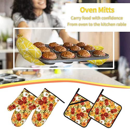 Bokekang Floral Daisy Oven Mitts And Pot Holders Sets Of 4 Daisy Flowers Kitchen Mitts Heat Resistant Oven Gloves Set Colorful Daisy Potholders For Kitchen Baking Grilling Bbq #TOP6
