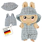 Heless Monster Styles 7512 - Peto de bouclé para muñecas con Gorro de Pescador en Azul, con Estampado de Cuadros, Conjunto Kawaii para Monstruos de 15 cm