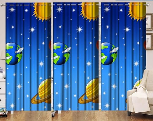 Image of 3D Space Design Curtains for Kids Room, School Curtain for Boys Room, Window Parde, 4x5 feet Long Set of 2 Pc, Blue