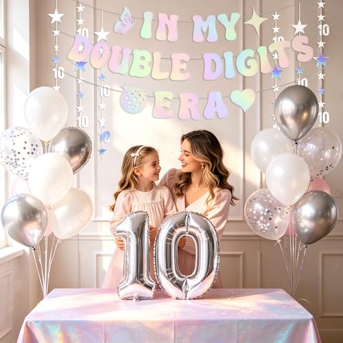 Image of 10th Birthday Decorations Silver, In My Double Digits Era Banner, Happy 10th Birthday Decorations for Girls Boys Double Digits Party Supplies Silver Number 10 Balloon Butterfly 10 Party