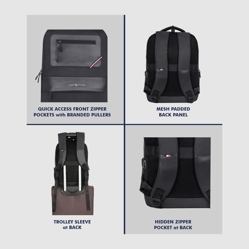 Image of Tommy Hilfiger Unisex Backpack Blackburn - Granite Grey+Black | Water-Resistant | Padded Laptop Sleeve | Trolley Holder | Stylish & Trendy Backpack For Daily Use, Office, Work & Travel | 20L Capacity