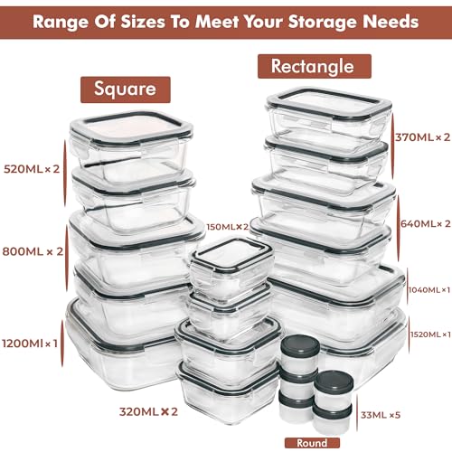 Image of Razab 35 Pc Set Glass Food Storage Containers with Lids - Meal Prep Airtight Bento Boxes BPA-Free 100% Leak Proof (15 lids,15 glass & 5 Plastic Sauce /Dip Containers)