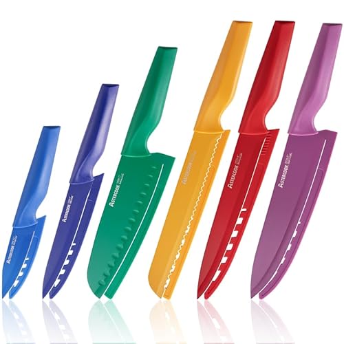 Astercook Colorful high carbon stainless steel sharp knife set, kitchen knife set includes 6 knives and 6 blade covers, kitchen knife set