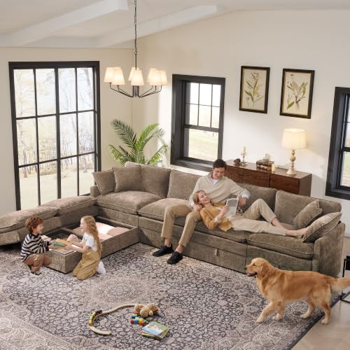 Image of Ihanherry 135 inch Modular Sectional Sofa with Storage, U Shaped Cloud Couch with Movable Ottomans & 4 Pillows, Chenille Deep Seat Sectional Couches for Living Room, Apartment (Brown)
