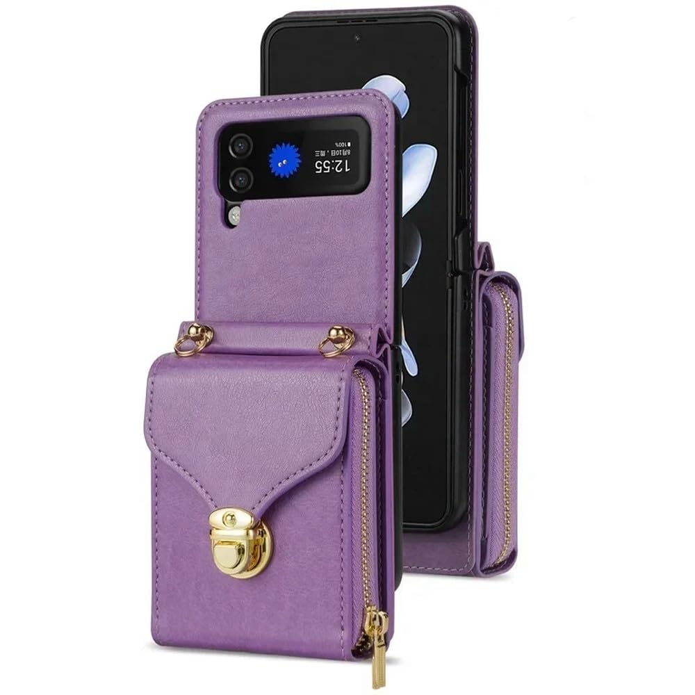 Custodia per telefono con cerniera in pelle con cordino e slot per schede per Samsung Galaxy Z Flip 5 4 3, con cordino, con supporto a conchiglia, viola, per Samsung Z Flip 3