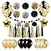 Produktbild O-Kinee Luftballons Schwarz Gold, Party Deko Set, Gold Schwarz Pompoms Quasten Girlande Sterne Folienballons Geburtstag Hochzeit Partydeko (Schwarzes Gold)