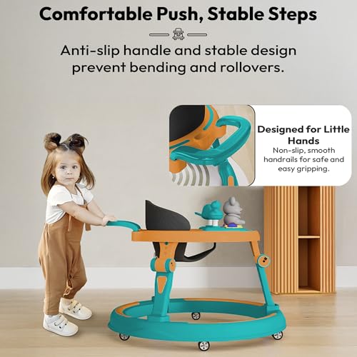 Image of StarAndDaisy 360 Baby Walker 6-24 Months / 7 Level Height Adjustment Walker for Kids Boy and Girl with Switchable Food & Musical Toy Tray /Premium Baby Activity Walker - Green Orange