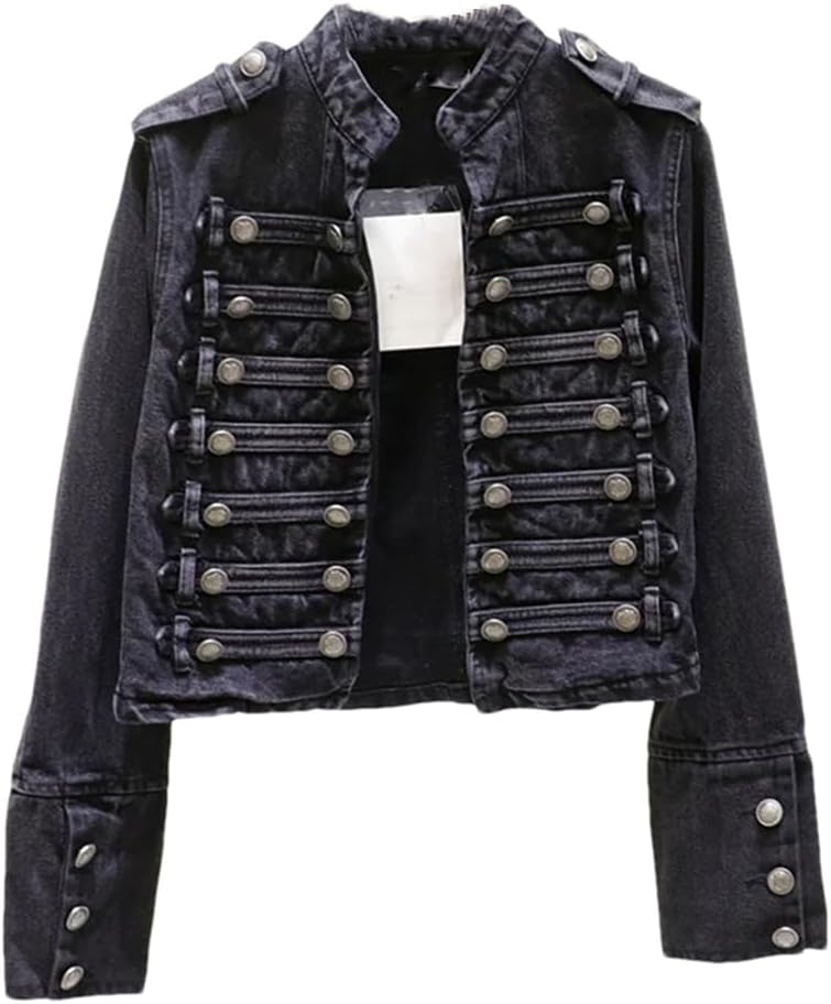 Vsadsau Women's Stand Collar Denim Jacket Solid Color Long Sleeve Office Slim Short Casual Coats