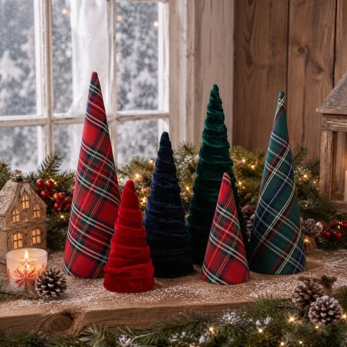 Civaner 6 Pcs Tartan Plaid Christmas Cone Trees, Velvet 6 Size Table Decor