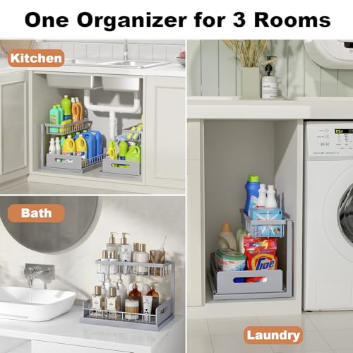 Image of REALINN Under Sink Organizer, Pull Out Cabinet Organizer 2 Tier Slide Out Sink Shelf Cabinet Storage Shelves, Storage for Kitchen Bathroom, Grey, 1 Pack
