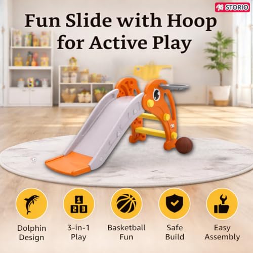 Image of Storio Toddler Small Size Slide with Basketball Hoop Dolphin Themed Indoor & Outdoor for Kids Ages 1-2 | Orange | Safe, Sturdy & Fun Playset | Easy Assembly Toddler Slide for Boys & Girls