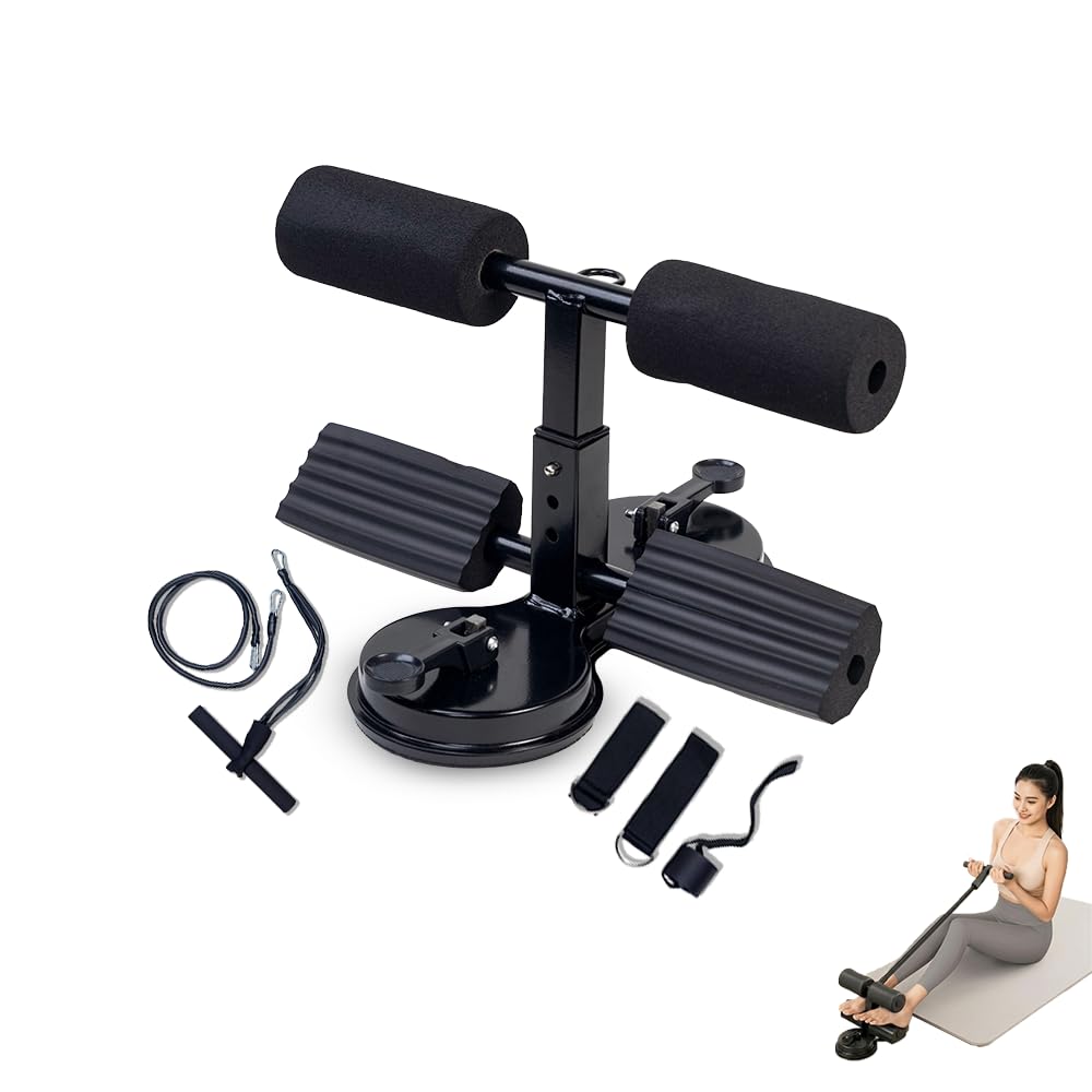 PulseITVault Sit Up Bar Double Suction Cup & Safety Lock. Adjustable Height Core Trainer, Tummy Trimmer & Workout Equipment for Home. Resistance Tube, 2 Ankle Straps & Door Attachment (Black)-picture-11