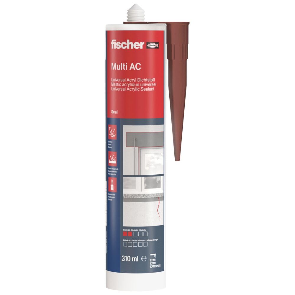 fischer Acrylic Sealant Multi AC, Low-Odour Sealant, Elastoplastic Painter's Acrylic for Indoor Joints, Grout for Repair & Cracks in Masonry, 310 ml, Brown