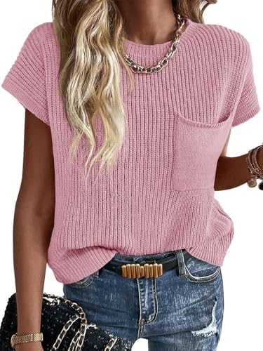 Image of Imily Bela Summer Fall Short Sleeve Sweater for Women | 2026 Crew Neck Ribbed Knit Vests Trendy Pullover Tops,Sweater Tank Tops,Sweater Vest