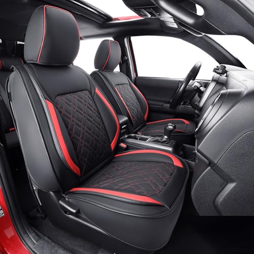 Image of LUCKYMAN CLUB F150 Full-Set Seat Covers J03-Q3 with Waterproof Faux Leather, Fit 2015-2025 Ford F150 and 2017-2025 F250 F350 F450 (Full Set, Black-Red)