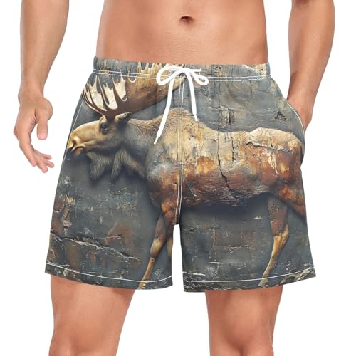 Moose Wall Painting Retro Mens Swim Trunks with Liner, Cool Quick Dry Beach Swim Shorts, Swimwear Bathing Suits S