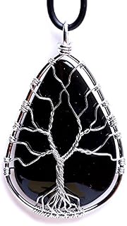 HongJinTian Natural Black Obsidian Wire Wrapped Tree of Life Gemstone Teardrop Pendant Necklace