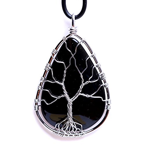 HongJinTian Natural Black Obsidian Wire Wrapped Tree of Life Gemstone Teardrop Pendant Necklace Healing Crystal Chakra Jewelry