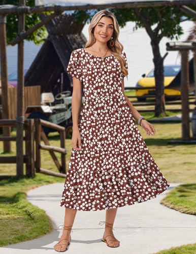Image of Zeagoo Women Summer Midi A Line Dress Short Sleeve Casual Flowy Tiered Beach Long Sundress with Pockets 2026 Vacation Travel