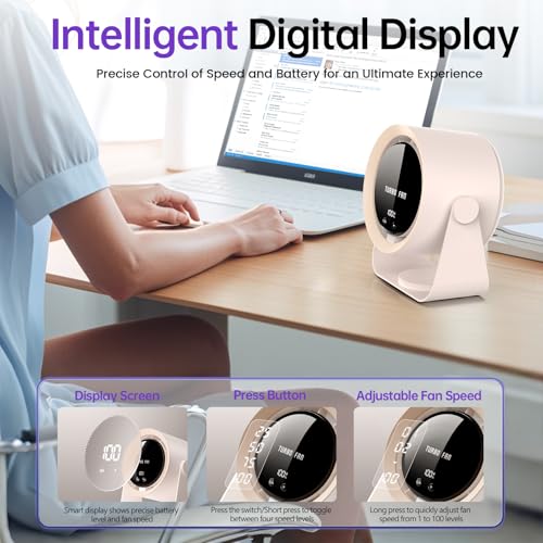 Image of Desk Fan, USB Rechargeable Quiet Desktop Fan with 5400mAh Battery & LED Display, Adjustable Speed Control, 90 Tilt Head Hangable Table Fan for Office, Bedroom, Dorm, Kitchen (Pink)