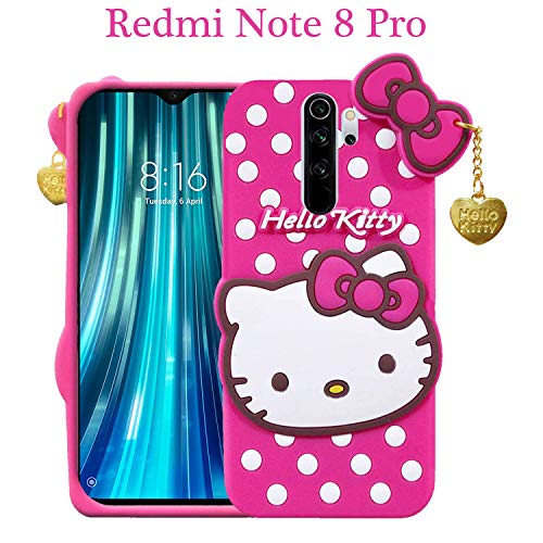 Image of Hello Kitty Back Case Cover for Redmi Note 8 Pro| 3D Cute Hello Kitty Case |Soft Silicone Rubber Back Cover with Pendant Kitty Cover for Redmi Note 8 Pro (Pink)