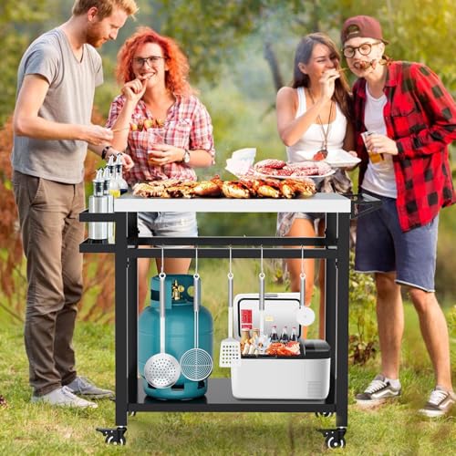Image of 20 inchx 32 inch Grill Table with Double-Shelf, Stainless Steel Grill Cart, Multifunctional Food Prep and Pizza Oven Table for Ninja Grill, Blackstone Griddle 17 inch /22 inch
