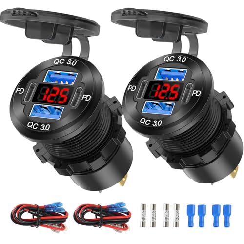 2 Pack 12V USB Outlet 4 Port Car Charger Socket, 78W Dual PD USB C and Dual Quick Charge 3.0 Port Aluminum Charger with Red Voltmeter DIY Kit Waterproof for Car Boat Marine Motorcycle RV Truck, etc by TIANWIDJEW - Used condition - US$18.79