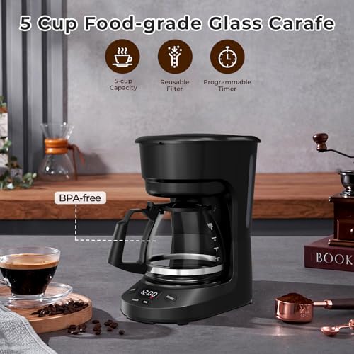 Image of 5 Cup Small Coffee Maker with Timer (5 oz /cup), Programmable Drip Coffee Machine with Auto Shut Off, 2h Keep Warm, BPA-Free Glass Pot, Delay Brew, 25oz Water Tank, Compact for 1-2 People /Home /RV /Dorm