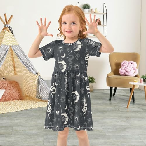 Girls Summer Dress Short Sleeve A Line Witchy Snake Crescent Moon Casual Dresses for Kids 2-8 Years4